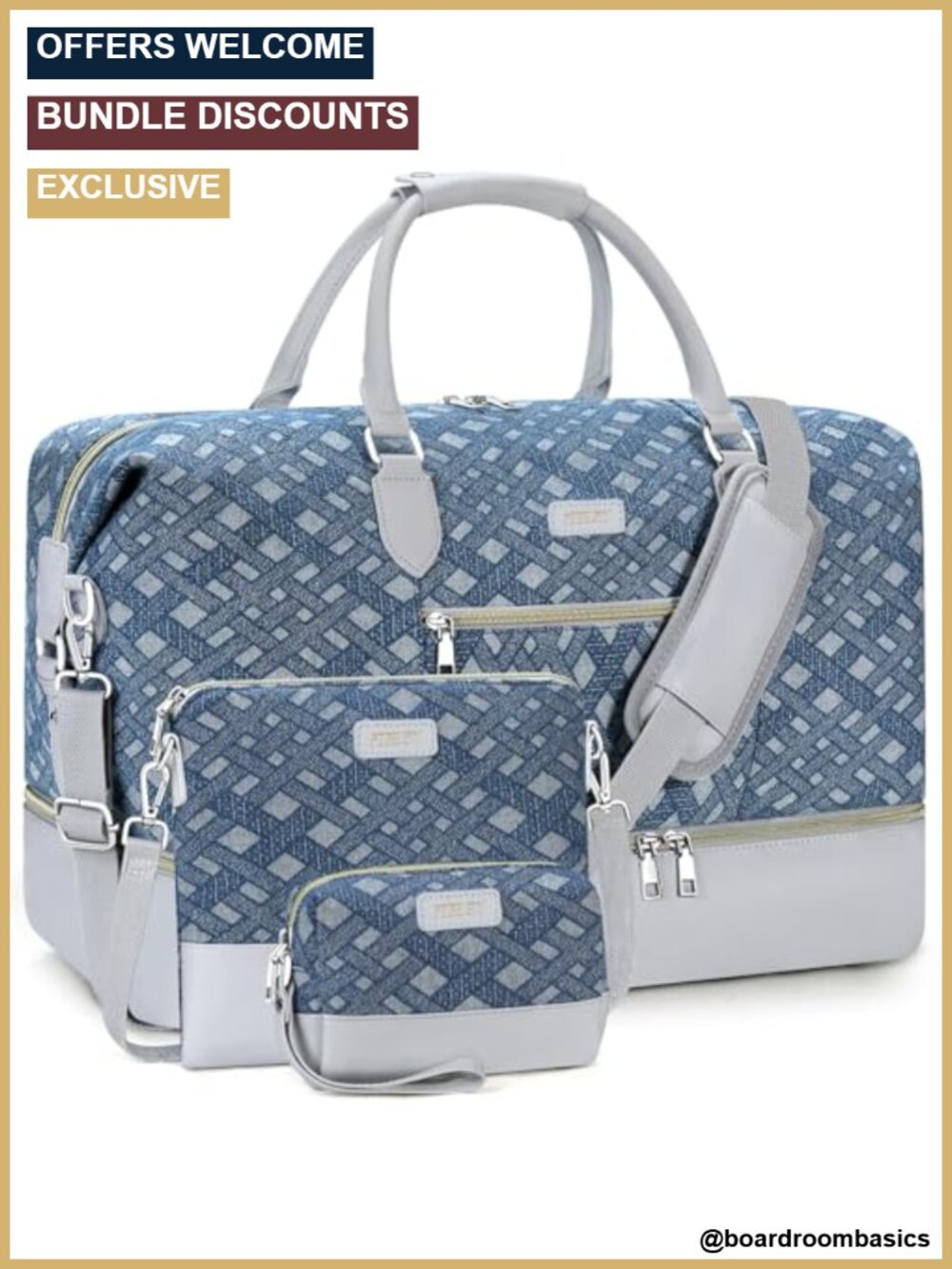Large Nylon Travel Duffel Bag with Shoe Compartment 3-Piece Set